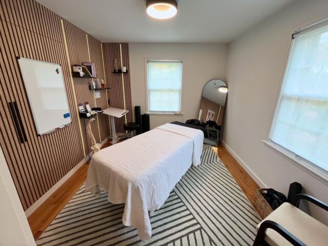 We just wrapped up this in-home therapy room for @malik.lynn. We added a half bath, custom oak shelving and other design elements like wood slat sound panels and LED lighting to make the space more inviting.